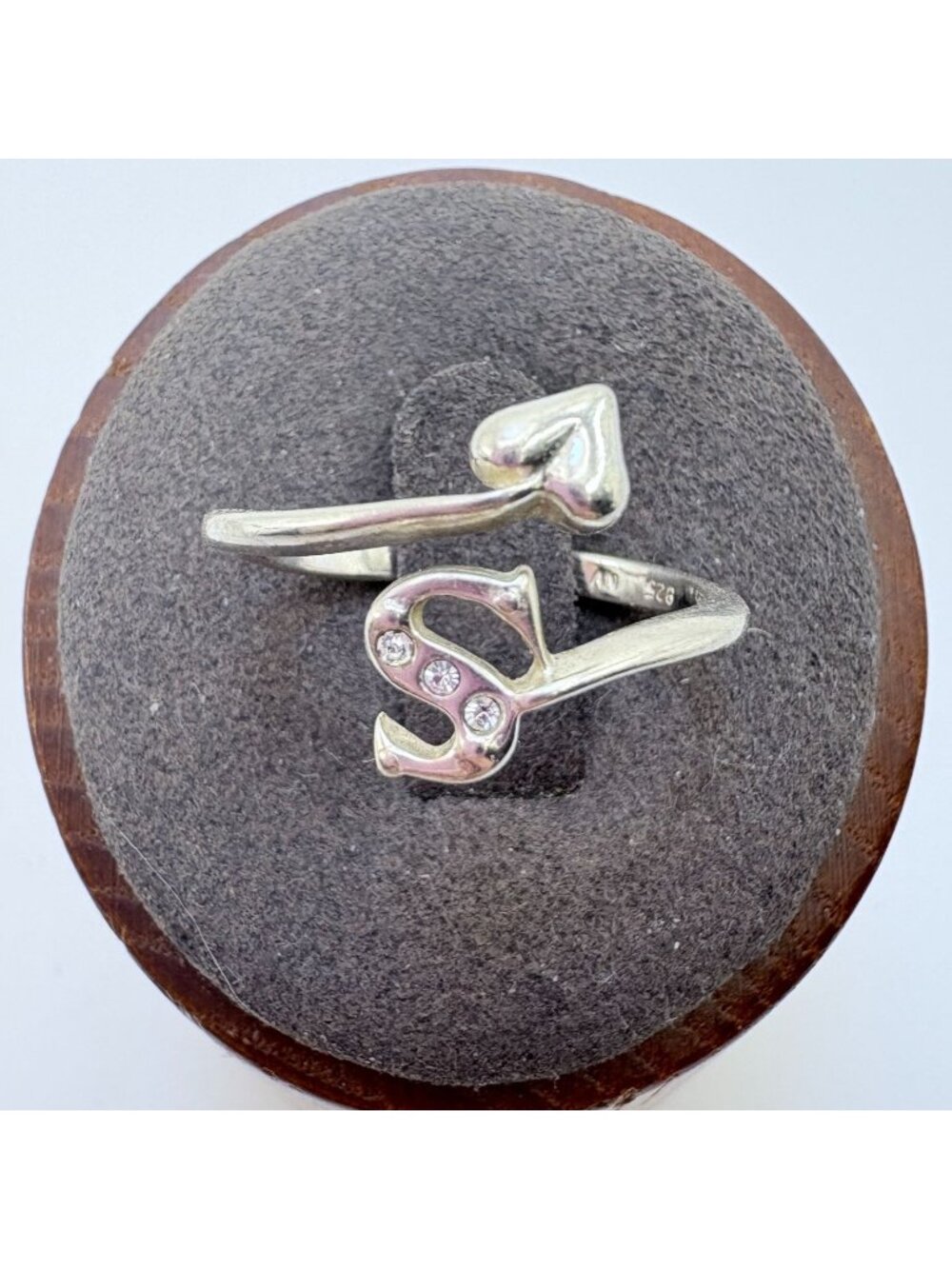 Cubic Zirconia & Sterling Silver 925 Letter S & Heart Bypass Ring Size 7.25